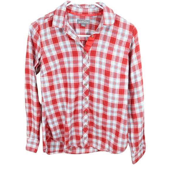 Eddie Bauer Tops - 4/$25 EDDIE BAUER Size S Red Tan Plaid Cotton Ribbon Trim Flannel Shirt